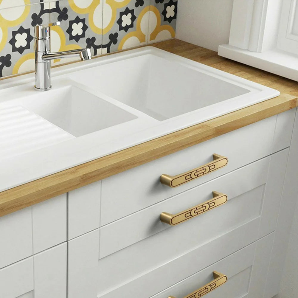 New Chinese-Style Brass Cabinet Drawer Pull Handles, 128mm Hole Center for Wardrobe Furniture Hardware - Gold - 4