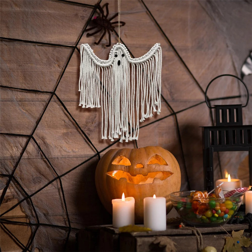Halloween Handmade Woven White Ghost Tapestry Spooky Holiday Wall Hanging Decoration, Size S - 7