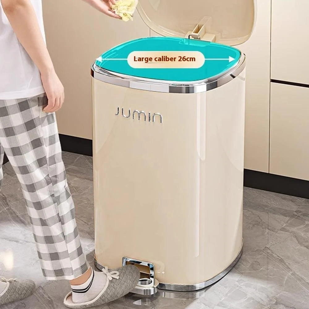 15L Electroplated Dual Layer Waste Bin Plastic Foot Pedal Trash Can with Lid for Kitchen Living Room, Size S - Black - 2