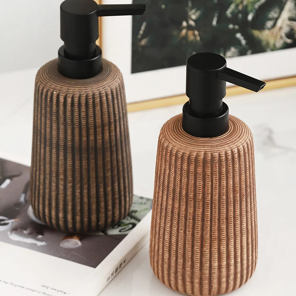 400ml Vintage Ceramic Vertical Striped Dispenser Bathroom Shower Gel Hand Soap Refillable Pump Bottle - Light Color - 2