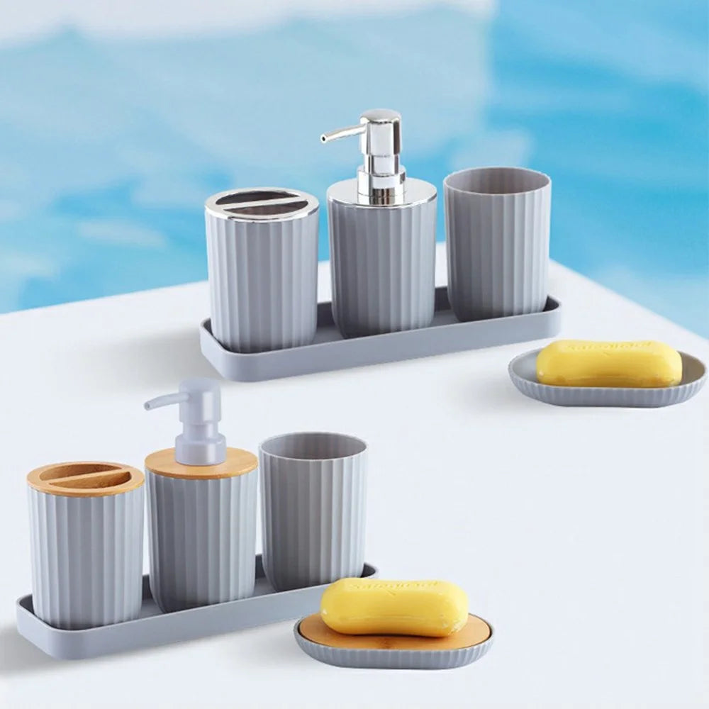 5Pcs / Set Bathroom Accessories Bamboo + Plastic Toothbrush Holder Rinse Cup Soap Dish Lotion Dispenser with Tray - Grey - 2