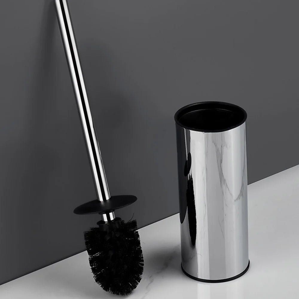 37cm Thickened Stainless Steel Long Handle Toilet Brush with Base Bathroom Cleaning Tool - Black - 2