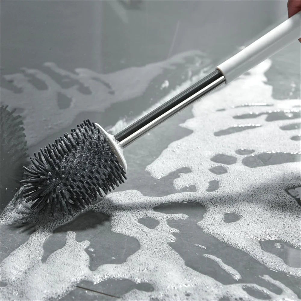 Wall Mounted / Floor Standing Long Handle Toilet Brush with Base Soft Bristles Bathroom Cleaning Tool - Square Base - 2
