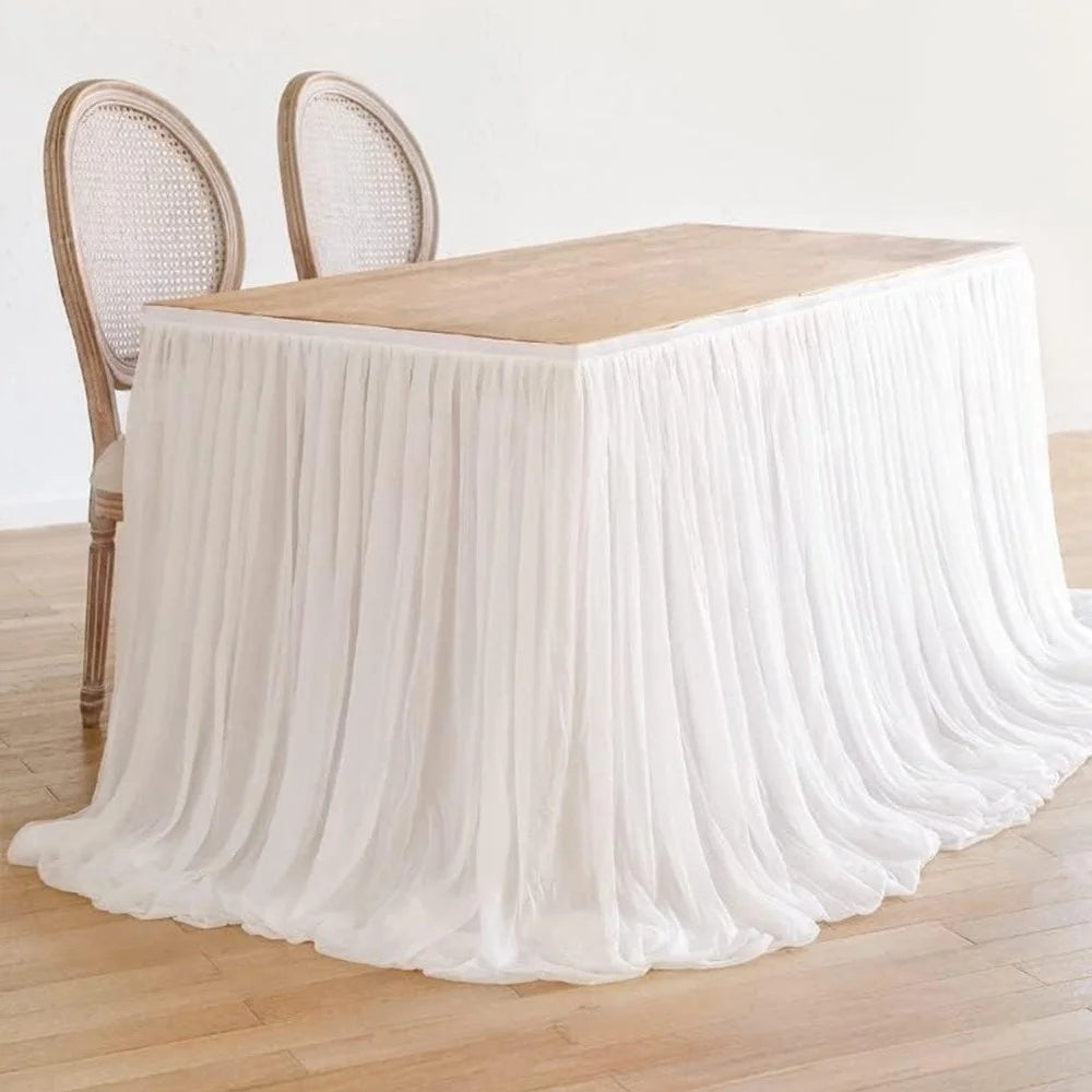 9ft Rectangle Table Skirt Polyester Ruffle Tulle Table Skirt for Wedding Bridal Birthday (75x275cm) - White - 1