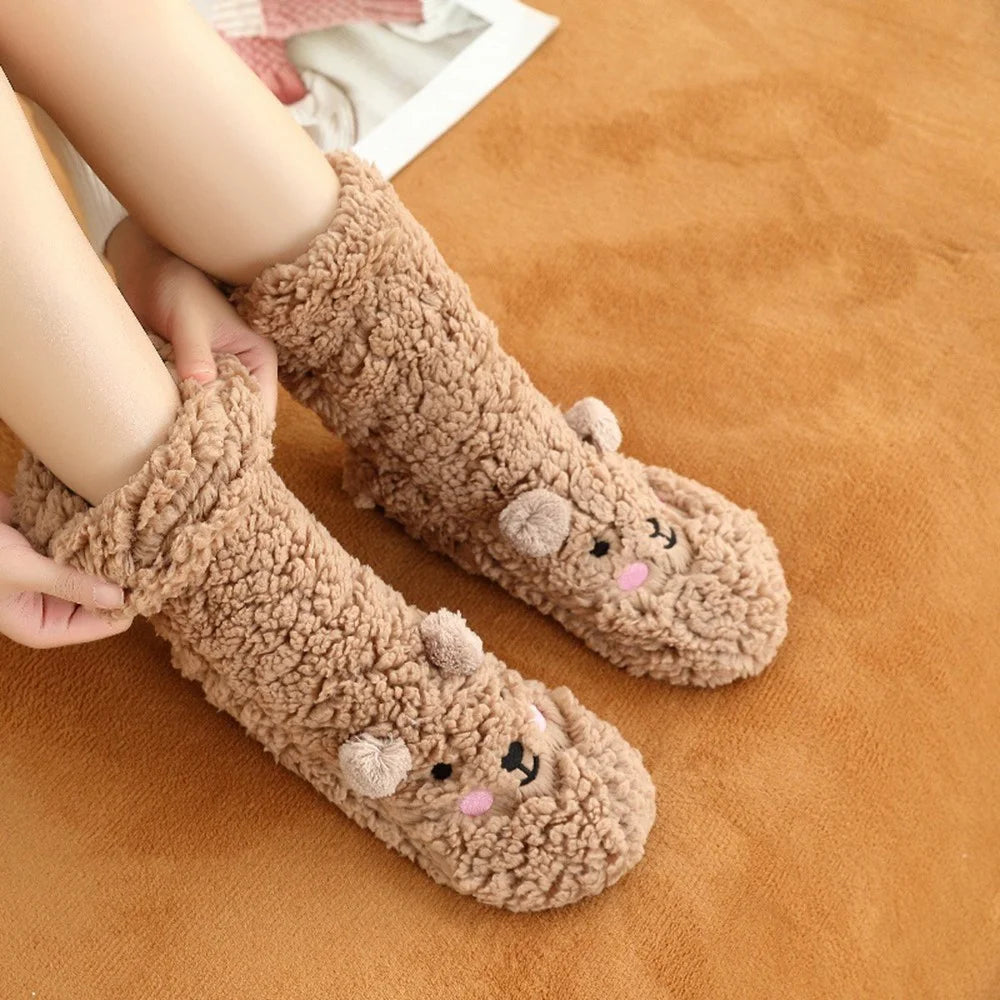 Cute Bear Fleece-Lined Sleeping Socks Cartoon Design Winter Thick Warm Floor Socks - Brown - 3
