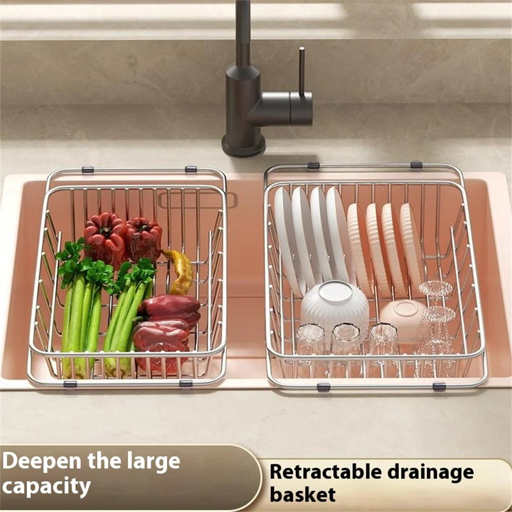 Kitchen Sink Drainer Basket Stainless Steel 34.5-45.5cm Adjustable Dish Drying Rack Organizer - 4