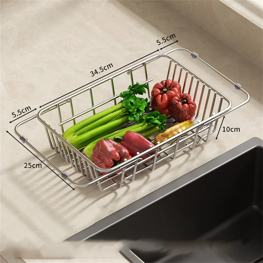 Kitchen Sink Drainer Basket Stainless Steel 34.5-45.5cm Adjustable Dish Drying Rack Organizer - 7