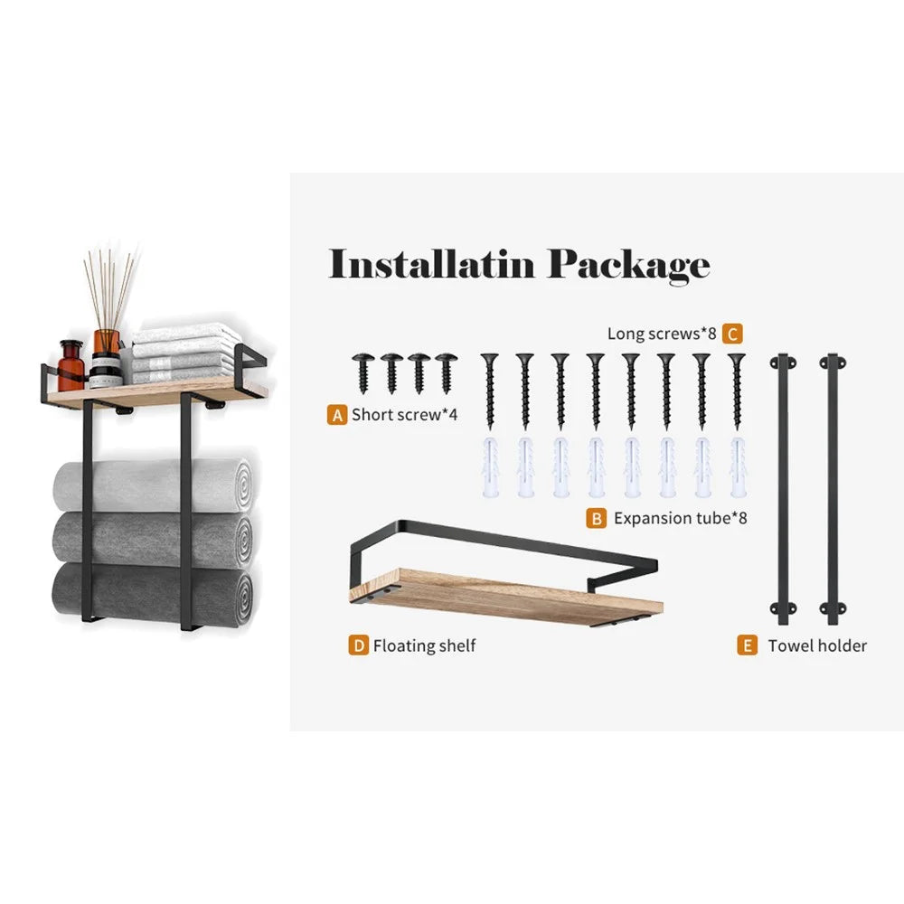 Space Saving Bathroom Metal Towel Rack Wall Mounted Towel Roll Storage Shelf with Wooden Board - Wood Color - 6