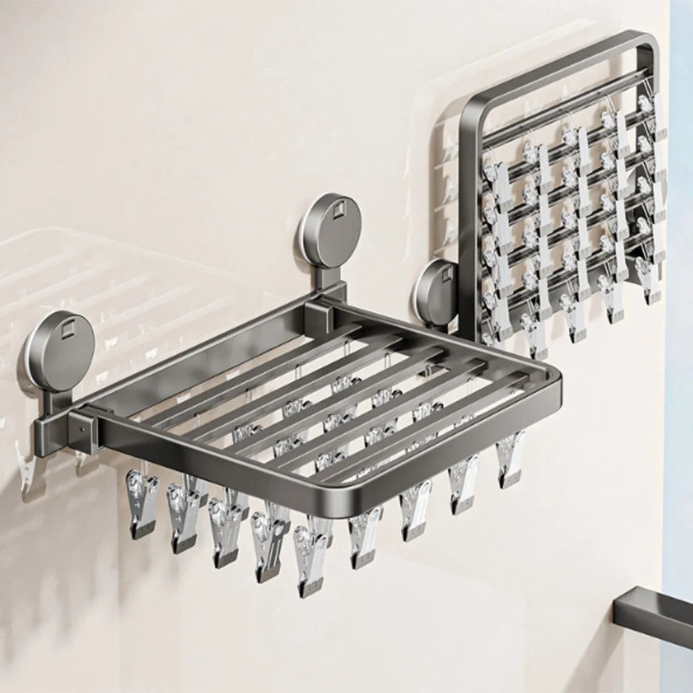Folding Suction Cup Sock Drying Rack with 24 Clips Laundry Hanger for Socks / Underwear / Towels - Grey - 2