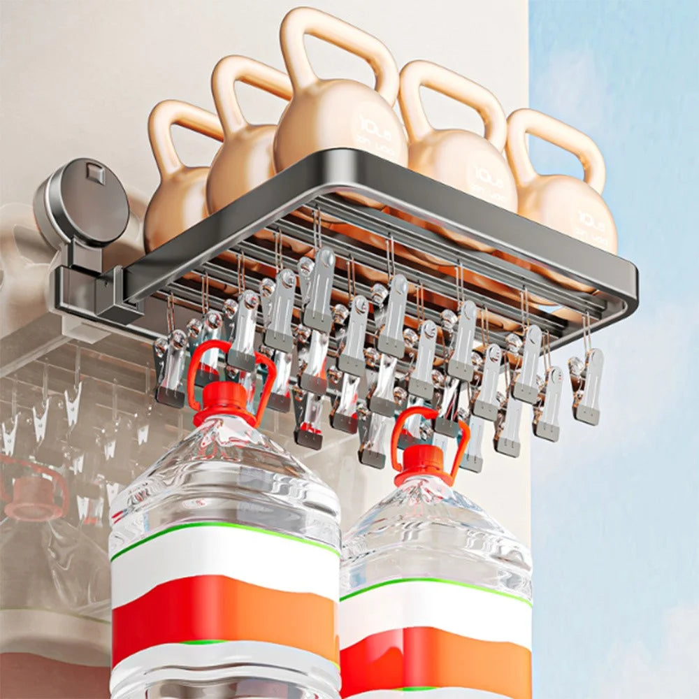 Folding Suction Cup Sock Drying Rack with 24 Clips Laundry Hanger for Socks / Underwear / Towels - Grey - 3
