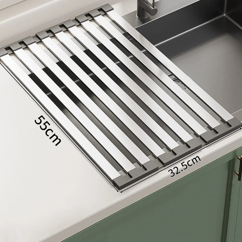 Foldable Extendable Over Sink Dish Drying Rack 304 Stainless Steel Kitchen Organizer Storage Shelf 55 x 32.5cm - 1