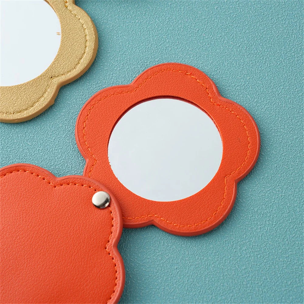 Floral Shape Pocket Mirror Portable PU Leather Cosmetic Mirror Rotating Mini Makeup Mirror - Orange - 3