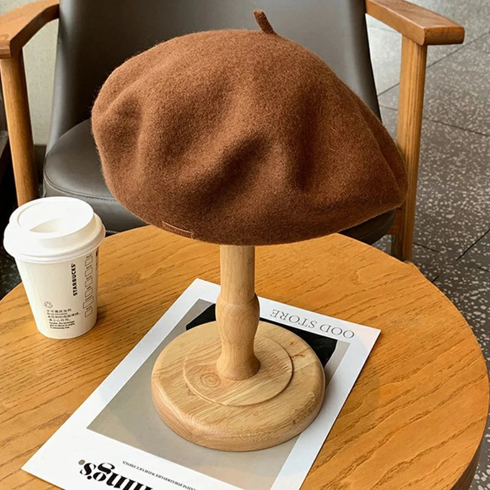 Winter French Style Warm Wool Beret Hat for Women Vintage Solid Color Outdoor Painter Cap - Coffee - 2