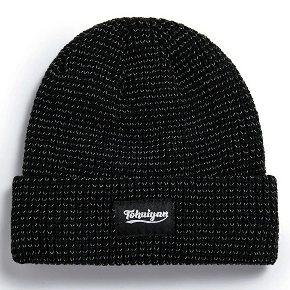 TOHUIYAN Reflective Beanie Cap for Outdoor Sports Roll-up Edge Skullcap Winter Warm Knit Hat - Black - 2