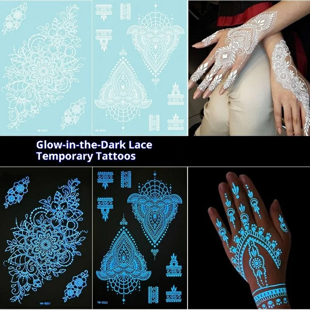 6Pcs / Set Luminous Indian Henna Lace Tattoo Stickers Gift Water Transfer Paper Temporary Tattoos for Body Art - YW-A - 3