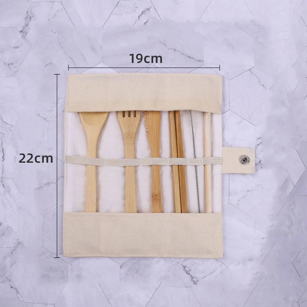 Eco-Friendly Bamboo Travel Tableware Portable Bamboo Cutlery Set with Knife Fork Spoon Chopsticks (BPA Free, FDA Certified) - Light Yellow Bag - 5