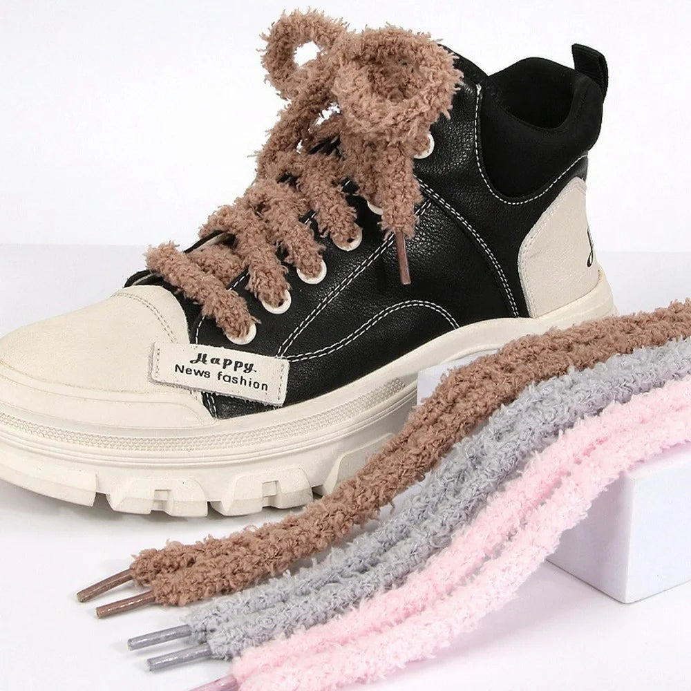 1 Pair 120cm Fluffy Shoelaces for Winter Sneakers Solid Color Plush Shoe Strings - White - 2