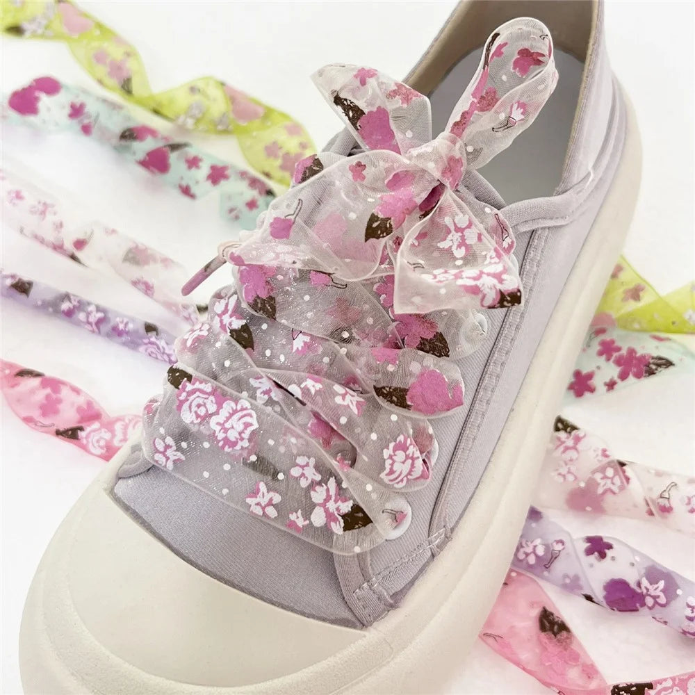 120cm Floral Print Transparent Organza Shoelaces for Sneakers  /  Casual Shoes  /  Athletic Shoes - Light Pink - 2