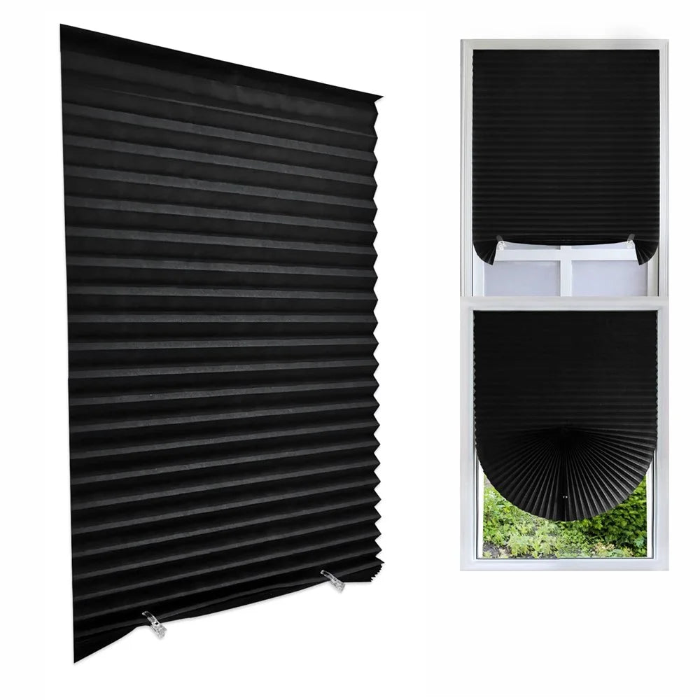 90 x 150cm Self Adhesive No Drill Pleated Blinds Non-Woven Semi-Blackout Shades for Conference Room  /  Study - Black - 1