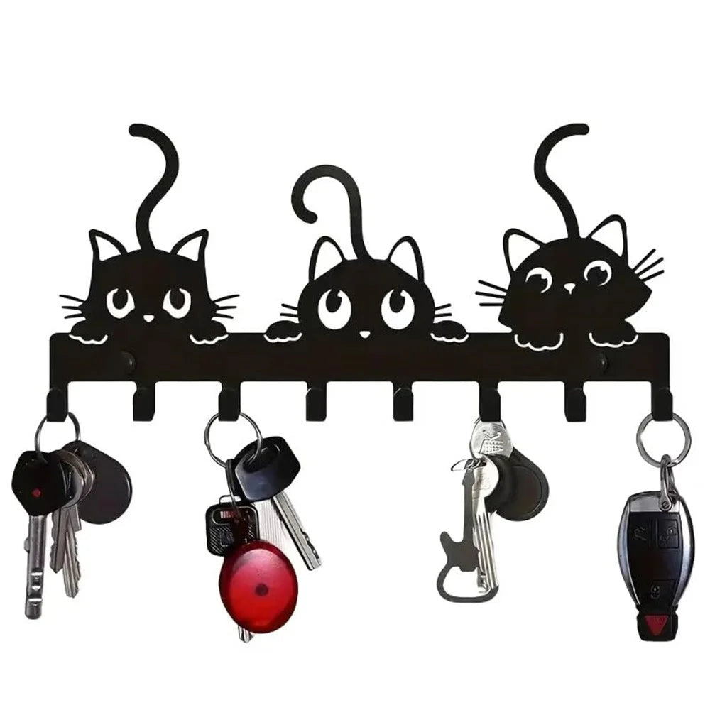 Animal Shaped Key Holder Wall Mount Hook Metal Iron Paw Print Hanger for Entryway Decorative Storage Organizer - Three Cats - 2