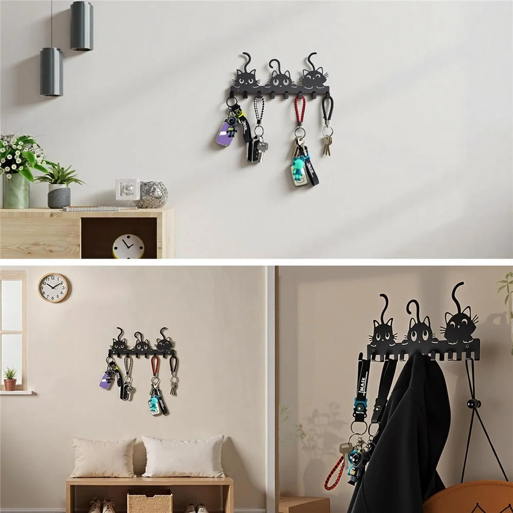 Animal Shaped Key Holder Wall Mount Hook Metal Iron Paw Print Hanger for Entryway Decorative Storage Organizer - Three Cats - 6