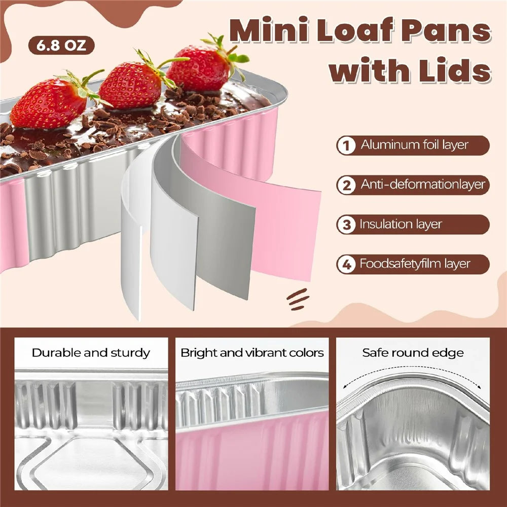 20Pcs / Set Aluminum Foil Loaf Pans with Transparent Lid and Plastic Spoon Kitchen Mini Bread Baking Pans (BPA Free, No FDA) - Pink - 2