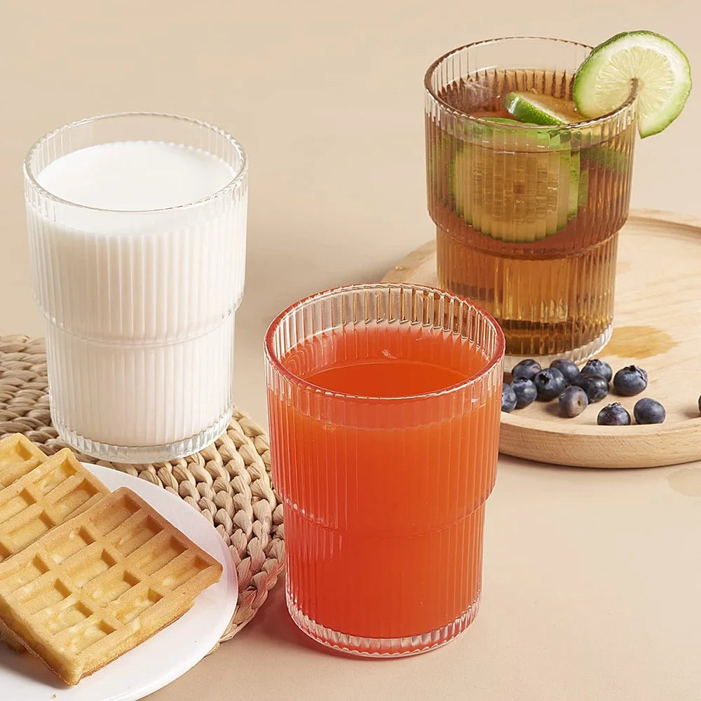 300ML Glass Cup 2Pcs Vertical Stripes Design Coffee Cup Minimalist Style for Cold Drinks / Juice (No FDA, BPA-Free) - 6