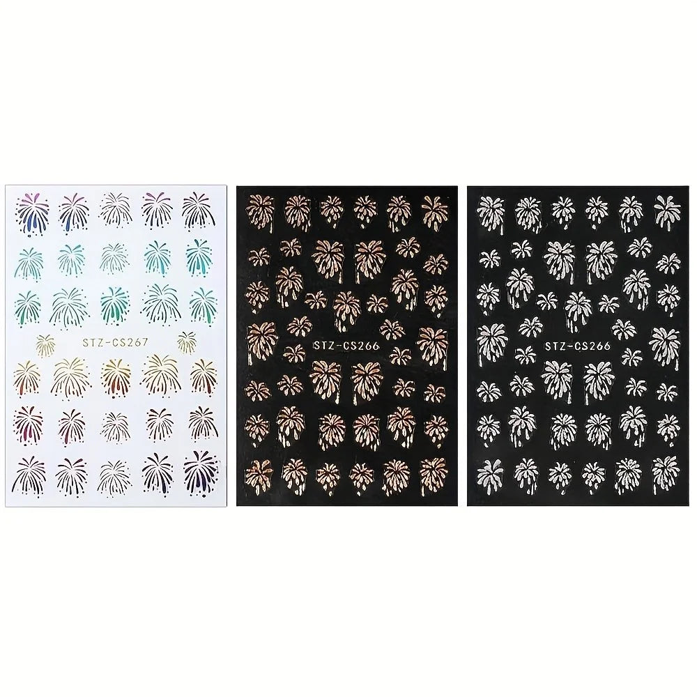 FULL BEAUTY 3 Sheets New Year Fireworks Pattern Glitter Decals Nail Art Stickers Manicure Decorations - 1