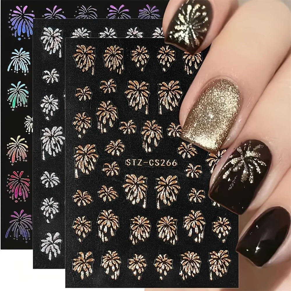 FULL BEAUTY 3 Sheets New Year Fireworks Pattern Glitter Decals Nail Art Stickers Manicure Decorations - 2