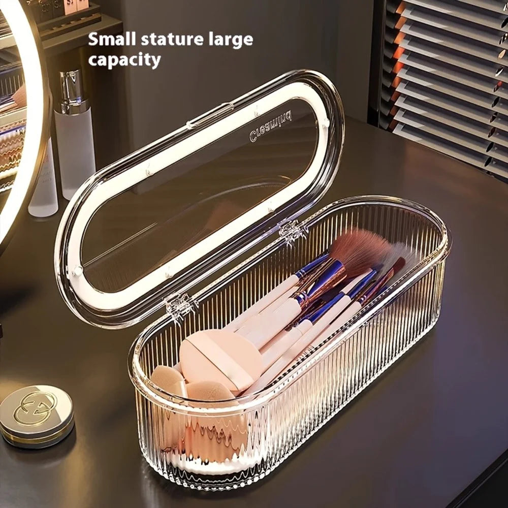 Makeup Brush Organizer Storage Box with Draining Tray  /  Dustproof Cosmetic Tool Holder for Brushes Sponges Eyebrow Pencils - 5