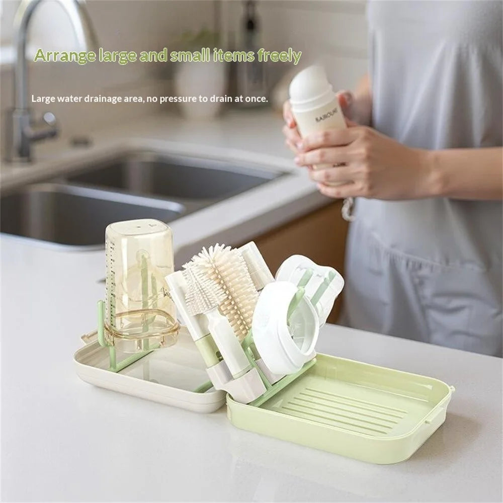 Portable Travel Bottle Cleaning Brush Set Baby Bottle Brush with Magnetic Handle and Draining Rack - Avocado Green - 4