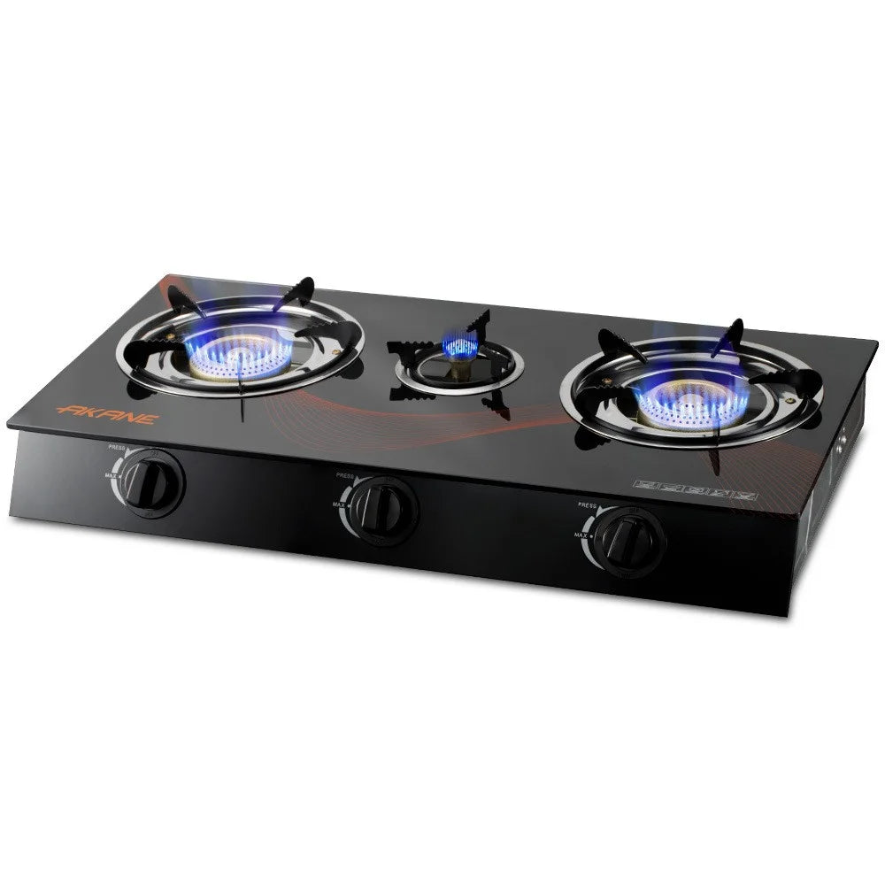 AKANE A.8052 Tempered Glass Desktop Gas Stove 3 Burners Kitchen Cooktop with Independent Adjustment Knobs - 1