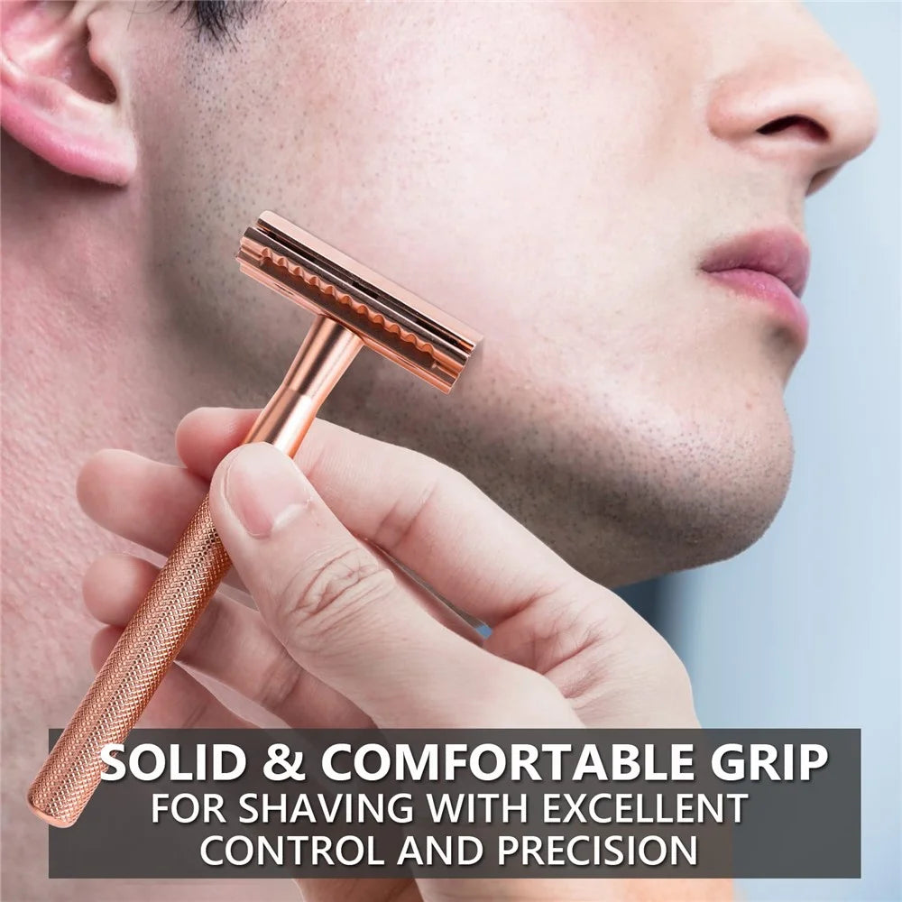 Men Manual Vintage Razor Ergonomic Metal Double-Sided Shaver with 10 Replacement Blades - Rose Gold - 2