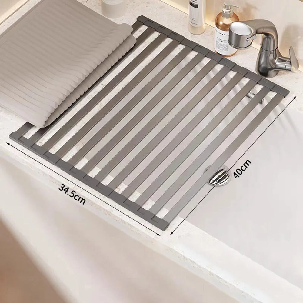 40 x 34.5cm Over Sink Dish Drying Rack Foldable Drainer Shelf Space Aluminum Roll Up Mat Kitchen Organizer - Grey - 1