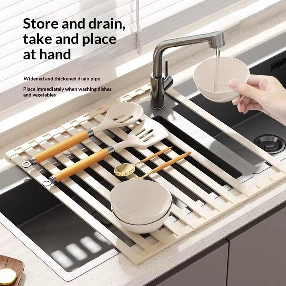 60 x 34.5cm Over Sink Dish Drying Rack Foldable Drainer Shelf Space Aluminum Roll Up Mat Kitchen Organizer - Grey - 4