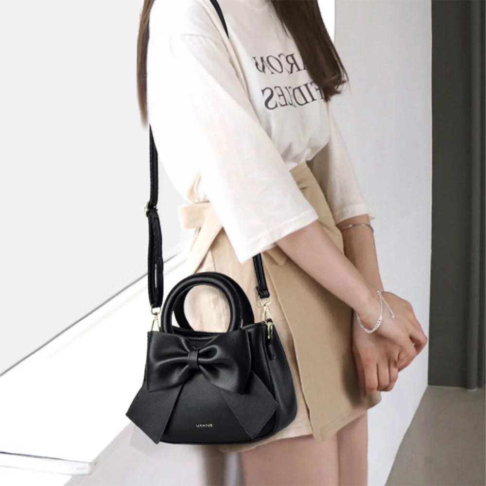 Handbag Tote with Bow Decoration, Portable Shoulder Crossbody Bag for Women - Black - 2