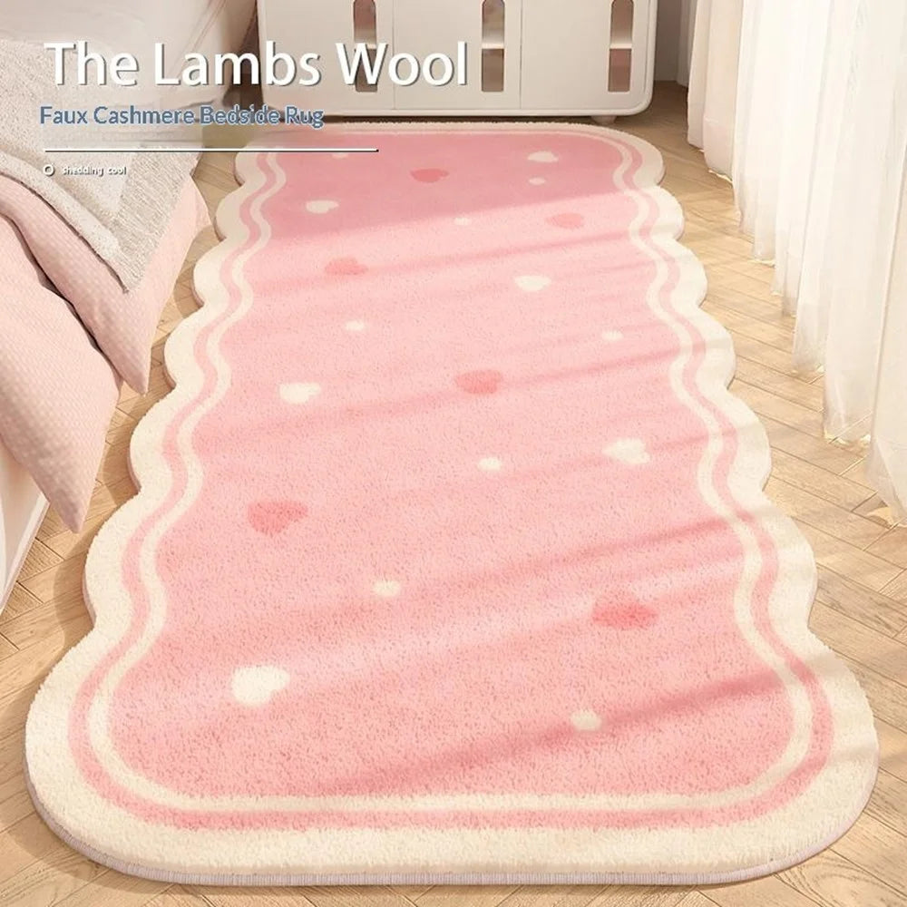 60 x 160cm Faux Cashmere Bedside Rug Soft Plush Floor Mat Bedroom Decor Anti Slip Washable - Pink  /  Hearts - 2