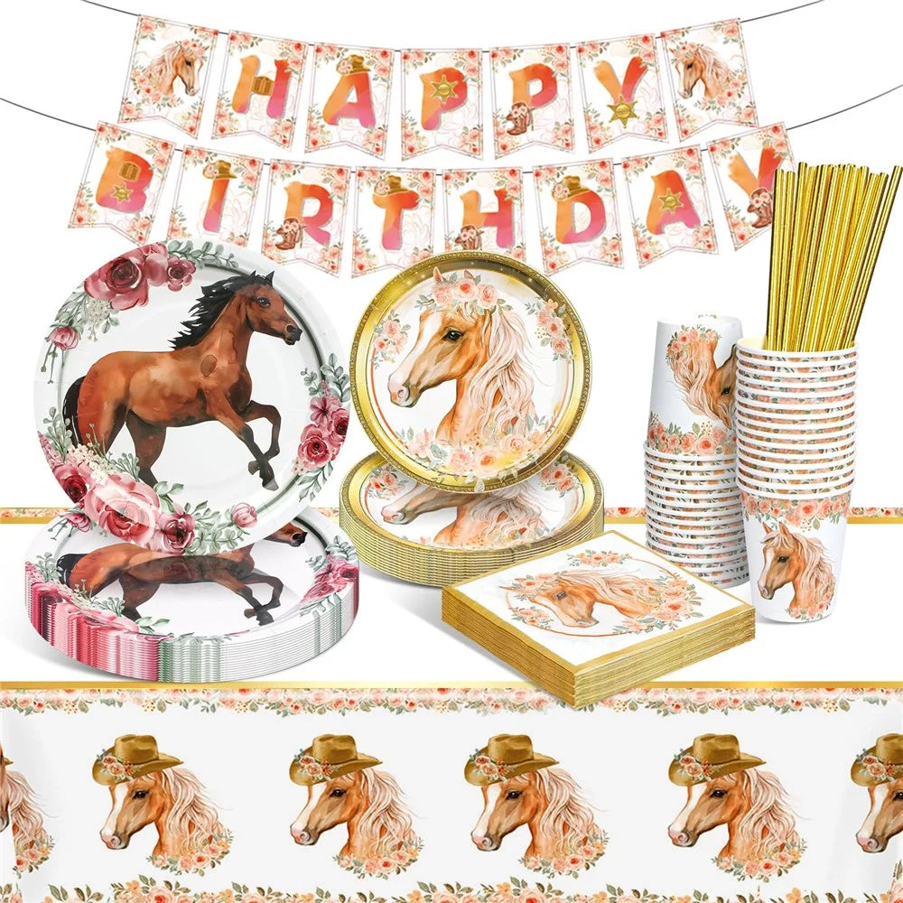 102Pcs Horse Theme Birthday Party Supplies Set Tableware Kit with Plates, Cups, Napkins, Straws, Tablecloth, Banner (No FDA) - 1
