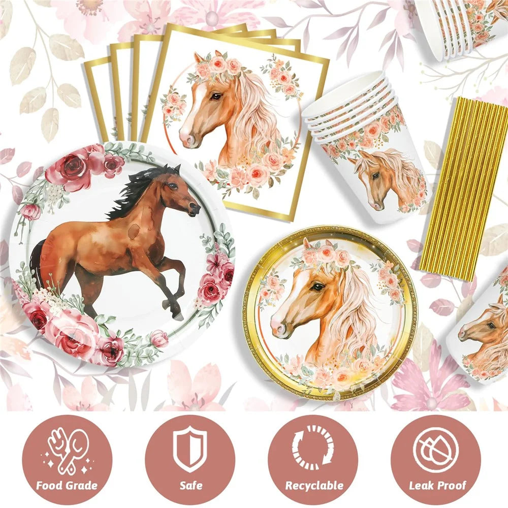 102Pcs Horse Theme Birthday Party Supplies Set Tableware Kit with Plates, Cups, Napkins, Straws, Tablecloth, Banner (No FDA) - 2