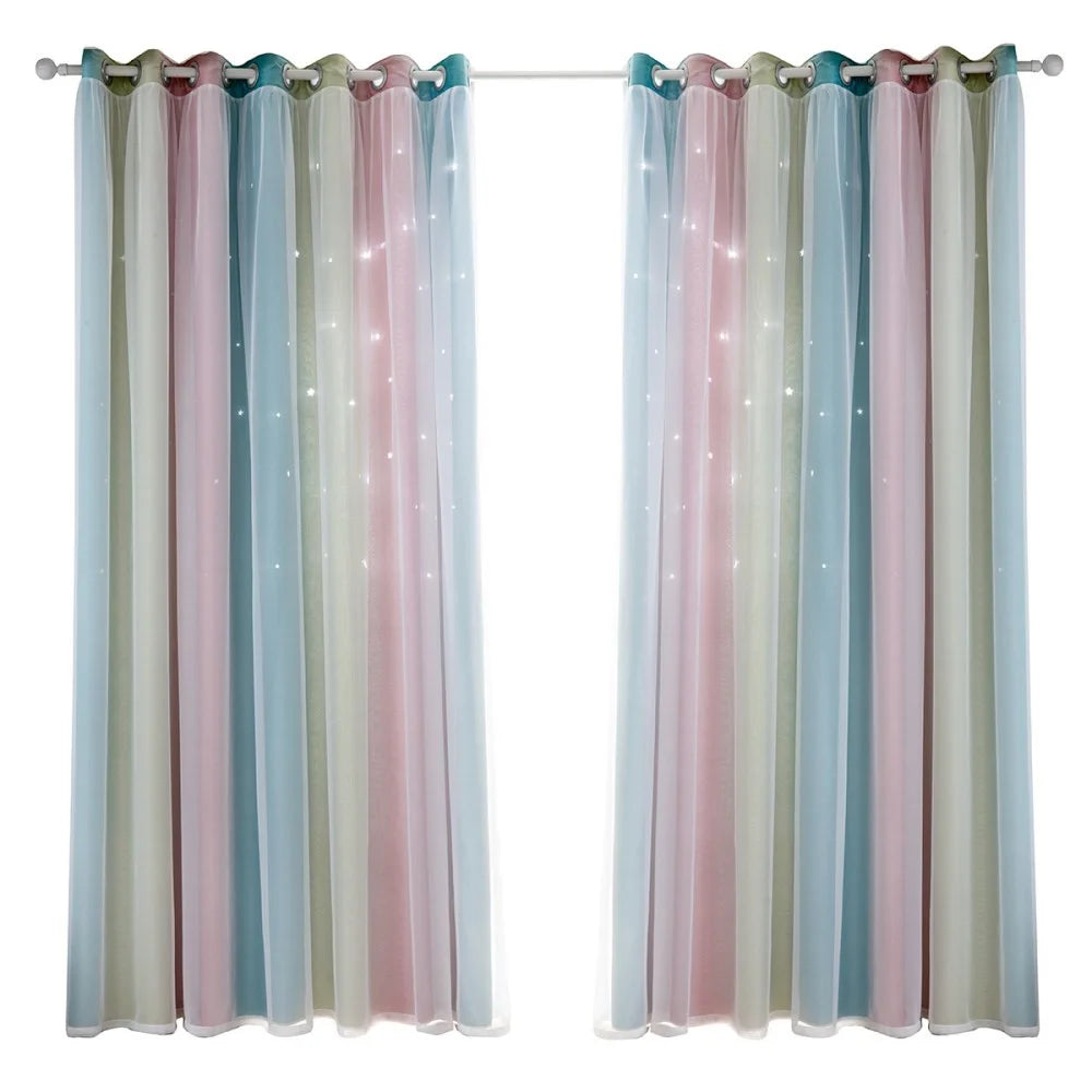 1Pc 132 x 210cm Double Layer Curtain Gradient Star Cutout Blackout Curtain Heat Insulating for Bedroom Living Room - Pink - 1