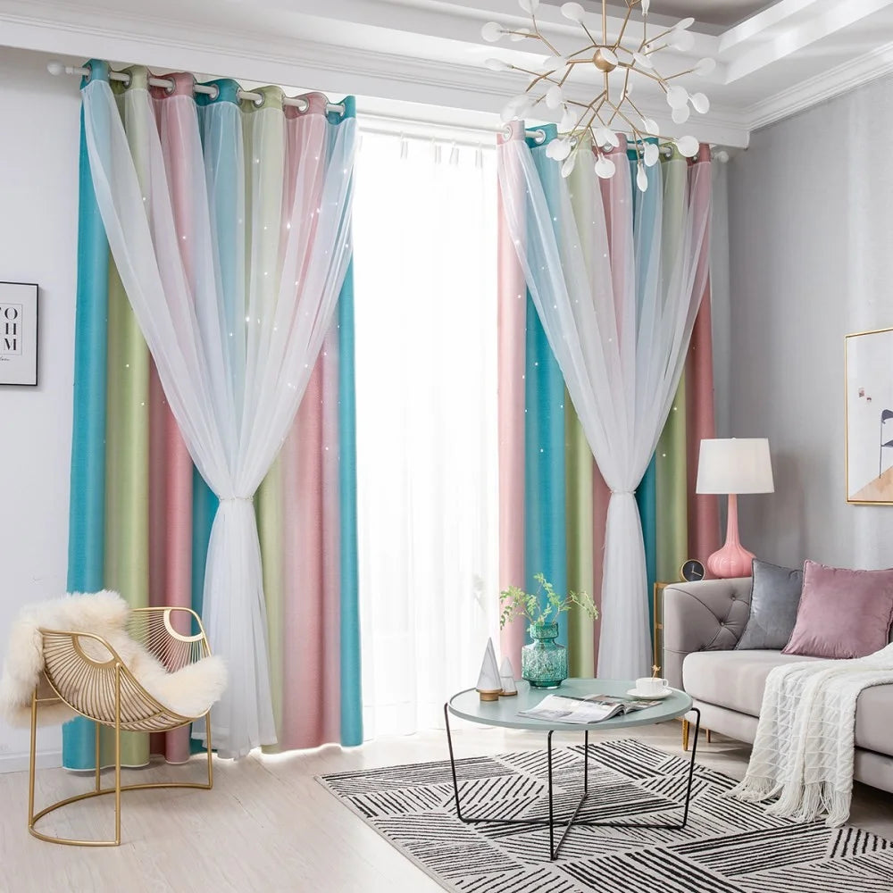1Pc 132 x 210cm Double Layer Curtain Gradient Star Cutout Blackout Curtain Heat Insulating for Bedroom Living Room - Pink - 2