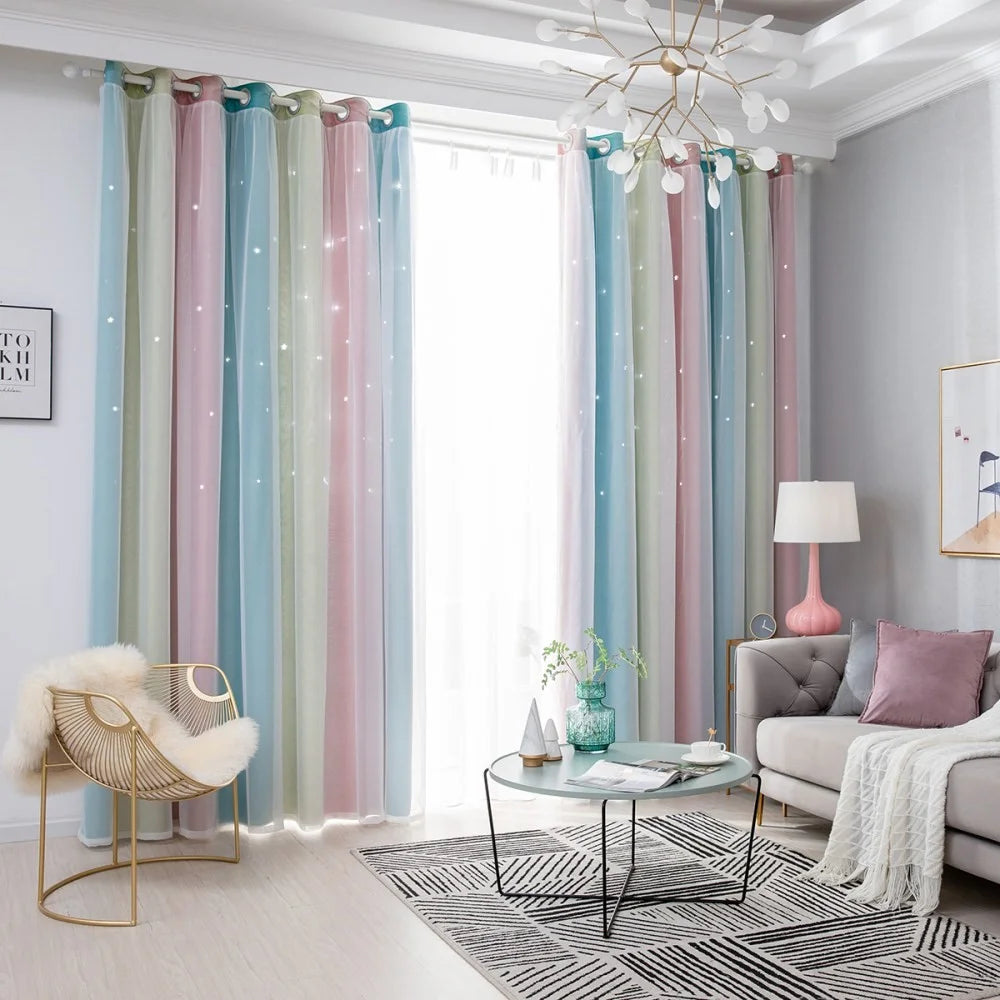 1Pc 132 x 270cm Double Layer Blackout Curtain Hollow-Out Star Gradient Curtain for Bedroom Living Room - Pink - 4