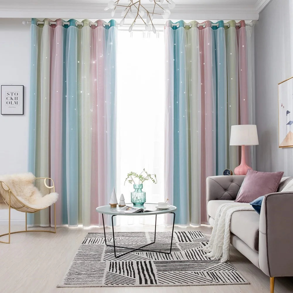 1Pc 132 x 270cm Double Layer Blackout Curtain Hollow-Out Star Gradient Curtain for Bedroom Living Room - Pink - 5
