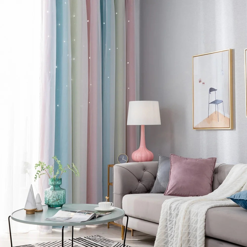 1Pc 132 x 270cm Double Layer Blackout Curtain Hollow-Out Star Gradient Curtain for Bedroom Living Room - Pink - 6