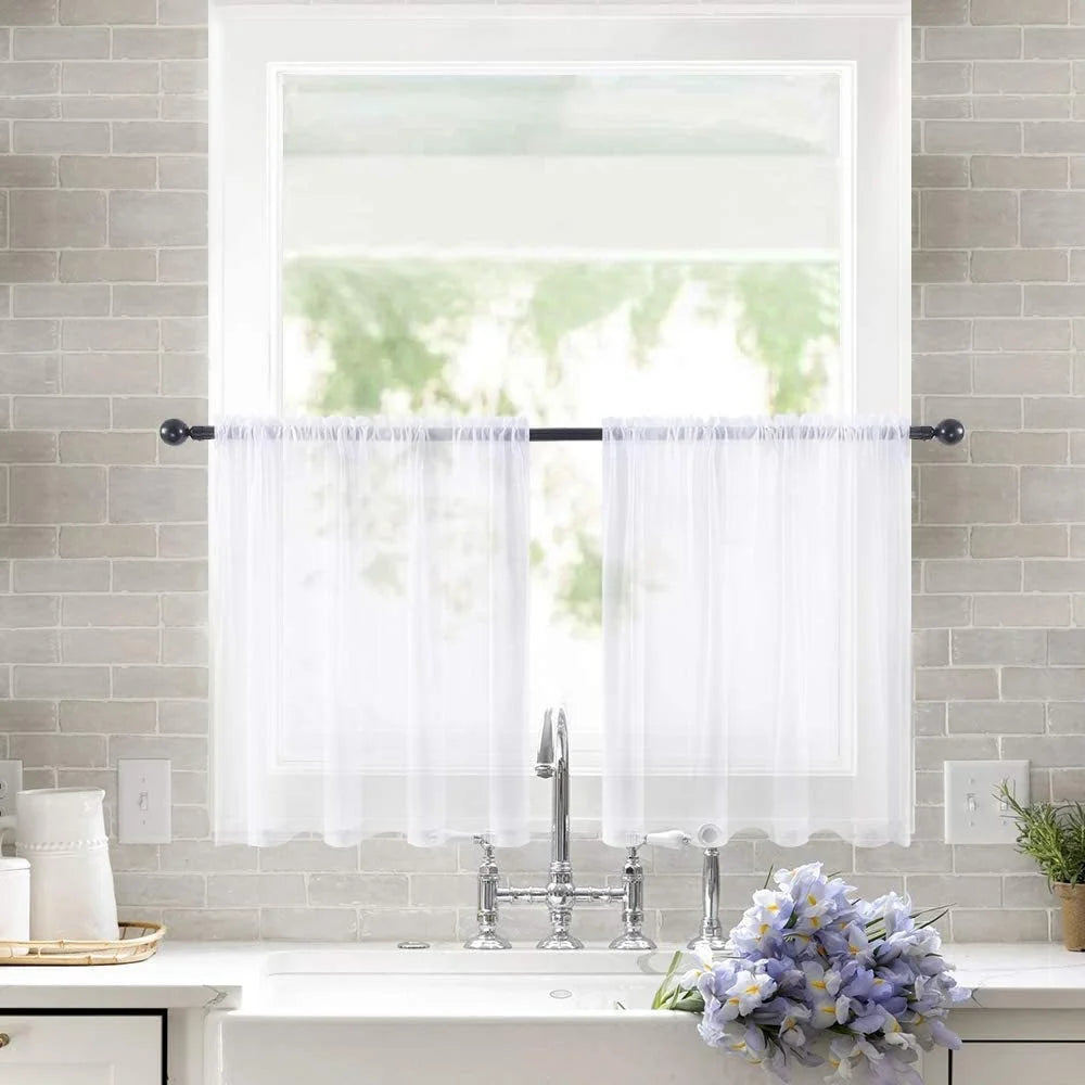 2Pcs 76 x 92cm Solid Color Short Curtains Semi Sheer Gauze Curtains for Kitchen Bedroom Living Room - White - 2