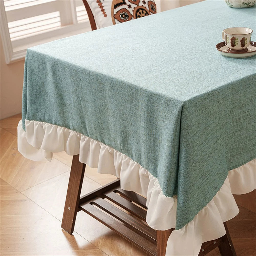 140 x 180cm Cotton Linen Tablecloth Ruffle Thick Table Cloth Cover for Wedding Party Dining Banquet - Green - 2