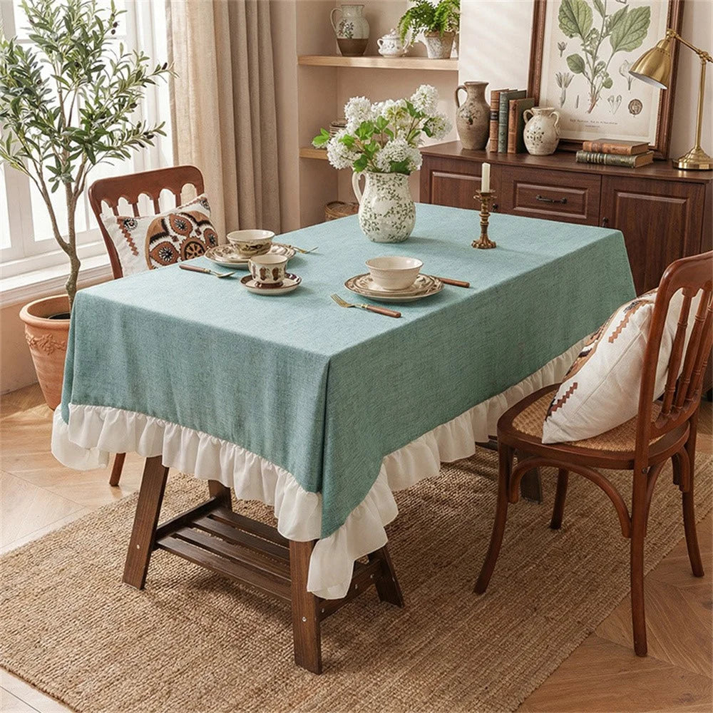 140 x 200cm Cotton Linen Tablecloth Ruffle Thick Table Cloth Cover for Wedding Party Dining Banquet - Green - 1