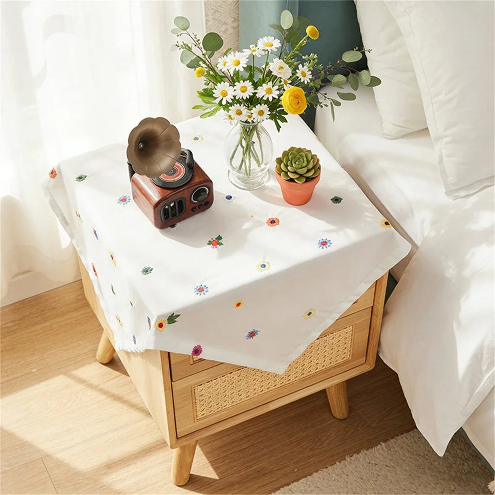 60 x 60cm Bedside Table Cloth Floral Embroidered Dust Cover for Printer Microwave Fridge - White - 2