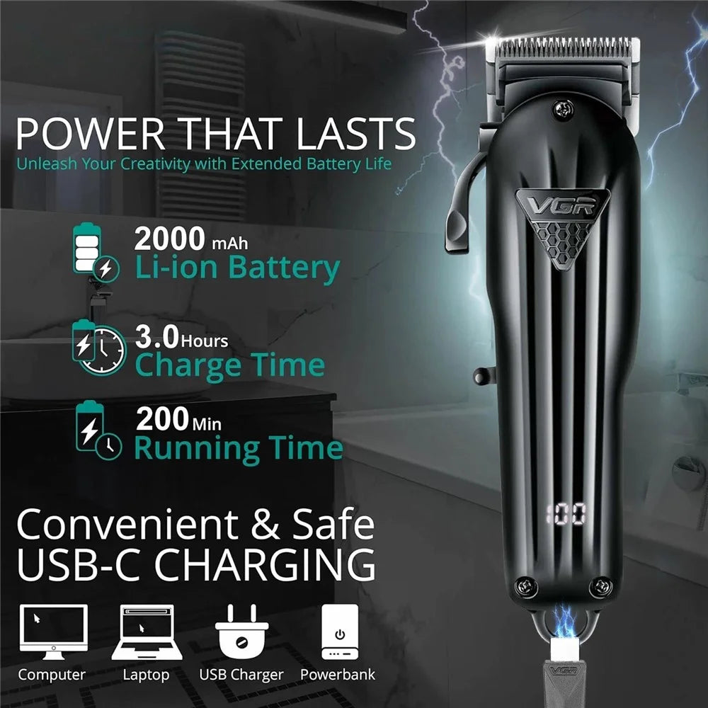 VGR V-282 Professional Hair Clipper USB Rechargeable Cordless Electric Hair Trimmer with Digital Display - Black - 6