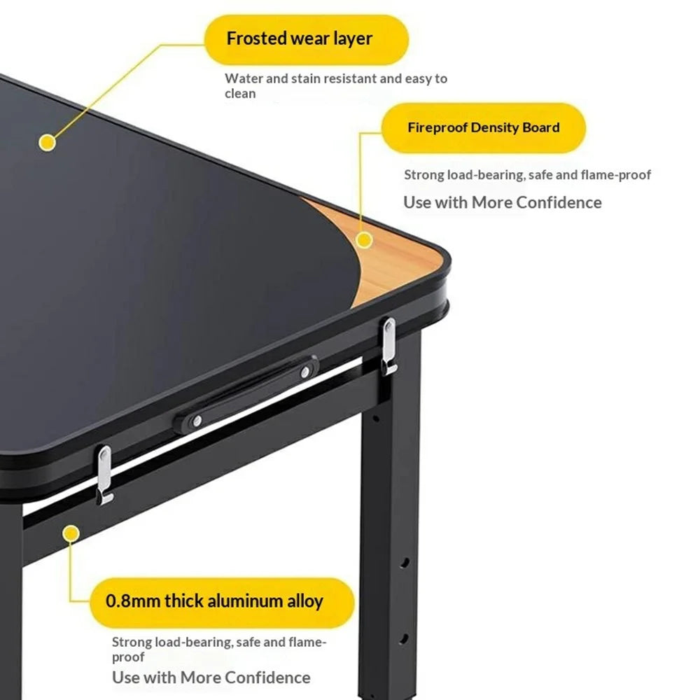 120 x 60cm Camping Table with 2 Stools , Outdoor Portable Height Adjustable Foldable Table - Black - 3
